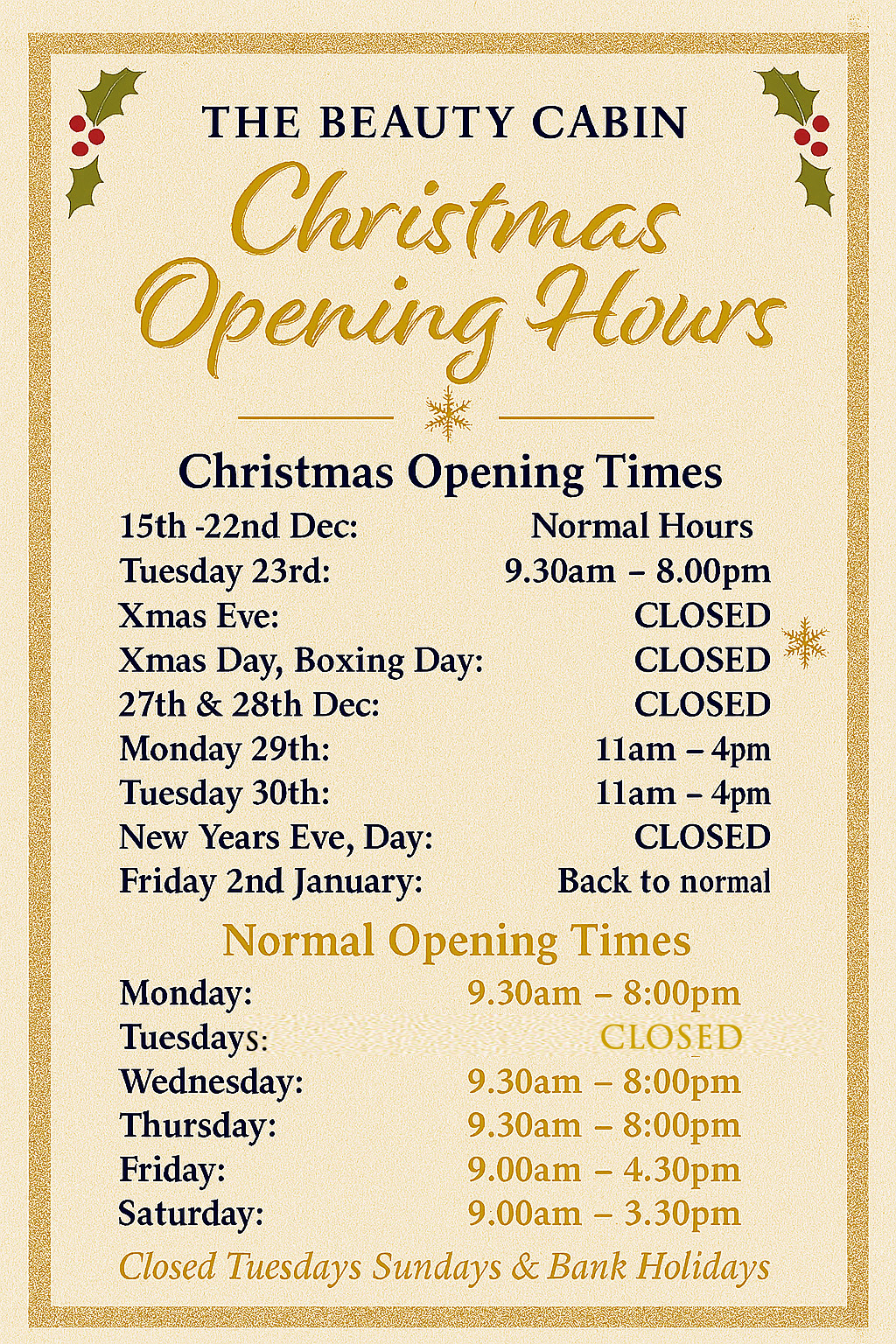 The Beauty Cabin Christmas Opening Hours